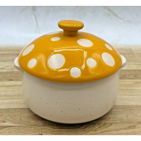 World Market Spotted Mushroom Lidded Soup Crock Gold Yellow Speckled Stoneware - Picture 1 of 14